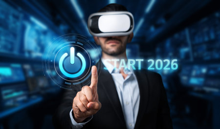 A businessman wearing a virtual reality headset prepares to enter the new year 2026, focusing on...