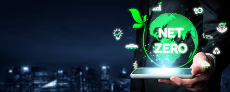 Digital globe with Net Zero surrounded by sustainability icons, representing the goal of reducing...