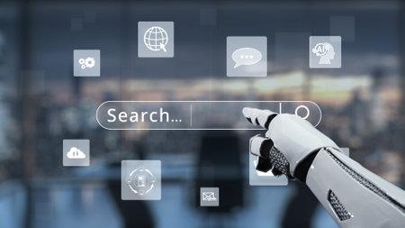 A robotic hand points towards a search bar, surrounded by digital icons representing communication...