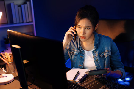 Young beautiful Asian creative woman calling on phone desk to customer or coworker explaining creator projects while searching market analysis on pc at neon office at night.の写真素材