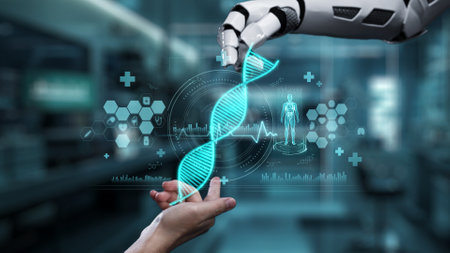 Robot and human reaching hand and pointing finger with DNA holographic floating. Close up of robotic...