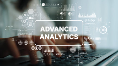 Advanced Analytics Concept with Data Visualization and Hands on Keyboard in Modern Workspace. Asymptotic smart data analytic.の写真素材