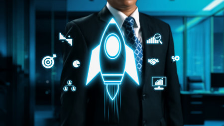 A businessman in a suit stands confidently in a modern office, surrounded by digital rocket icons symbolizing innovation and growth in today corporate landscape.の写真素材