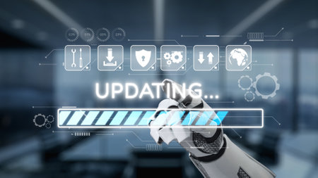 A robotic hand interacts with a digital loading bar on a modern screen, symbolizing updates in technology within a contemporary office environment.の写真素材