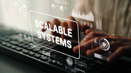 Business professional typing on keyboard with digital interface displaying scalable systems and technology concepts. Asymptotic smart data analytic.の写真素材