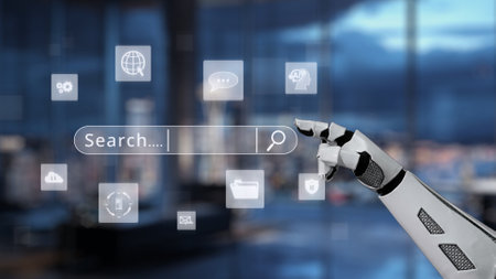 A sleek robotic hand interacts with a digital search interface showcasing various information icons,...