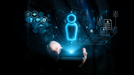 This image showcases a holographic human figure emerging from a smartphone, representing digital transformation in a business context, highlighting innovation and technology.の写真素材