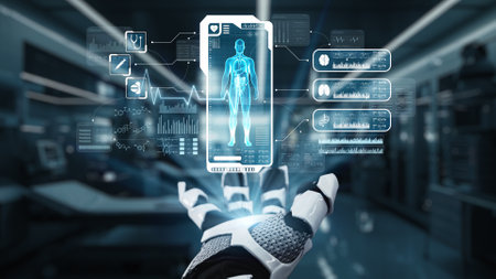 Close up of robotic hand open palm of hand with human anatomy holographic floating. Robot hand presenting x ray holographic while accessing and connecting with data to diagnosis symptom. Salubrious.の写真素材