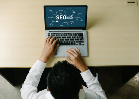 SEO search engine optimization for modish e-commerce and online retail business showing on computer...