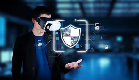 This image depicts a professional using virtual reality technology to visualize security measures...