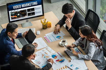 Video Marketing Concept on Laptop Screen. Video Marketing Advertising Business on Social Media and Internet Network Technology Conceptの写真素材