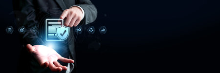 A businessman digitally ensures compliance with regulations and quality standards, showcasing the...