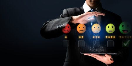 Business person analyzes customer experience satisfaction review data, striving to improve service quality. Leveraging reviews to enhance customer satisfaction and loyalty. FaaSの写真素材