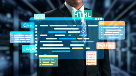 A professional programmer poses in a sleek business suit, surrounded by a colorful coding interface...