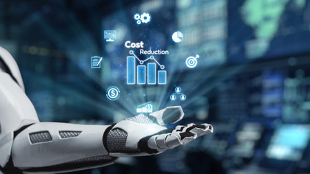 A robot hand showcases digital metrics focusing on cost reduction and business efficiency in a...