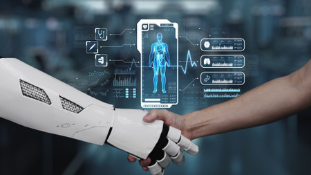 Close up of robotic hand and human shaking hand with brain hologram. AI and human working together...