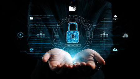 Hands present a digital lock symbolizing data security against threats, showcasing technology icons...