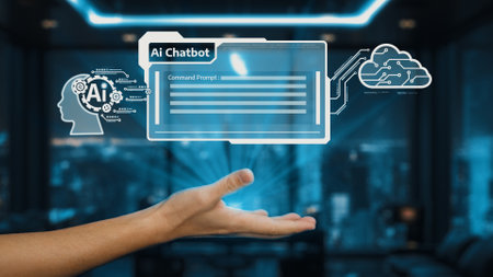 This image showcases a futuristic AI chatbot displayed on a digital interface, emphasizing...