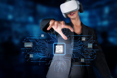 A poised woman wearing a virtual reality headset reaches out to engage with a vibrant digital...