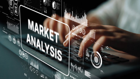 Hands typing on keyboard with digital dashboard for market analysis and financial data visualization in modern business environment. Asymptotic smart data analytic.の写真素材
