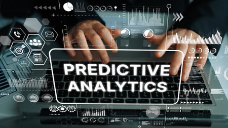 Hands Typing on Laptop Surrounded by Digital Icons Representing Predictive Analytics and Data...