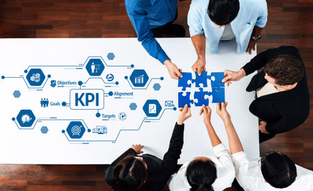 A diverse business team collaborates on strategic planning using puzzle pieces, representing key...