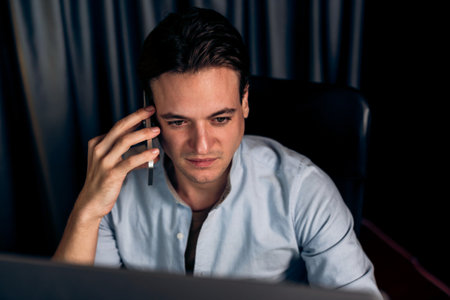 Smart businessman calling with smartphone for consulting business paragraph dynamic database...