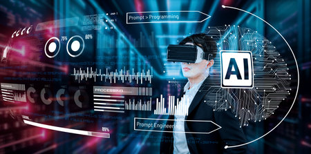 Businessman with headset standing at data center while using AI assistance. Project manager looking...