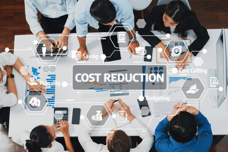 Discover a team of diverse professionals engaged in cost reduction strategies using digital tools...