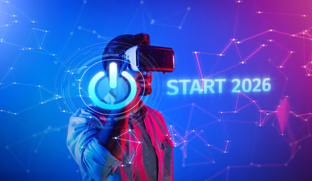 A person engages with virtual reality technology to embrace the new year 2026, visualizing goals and...