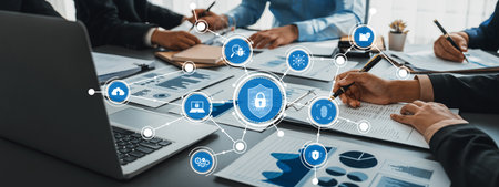 A professional setting shows a team engaged in data management strategies, utilizing technology and...