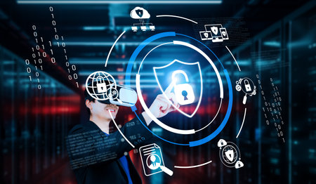 Business man pointing at security system hologram and standing at data center. Skilled project...