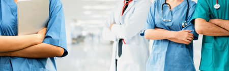 Healthcare people group. Professional doctor working in hospital office or clinic with other doctors, nurse and surgeon. Medical technology research institute and doctor staff service concept. Docent.の写真素材