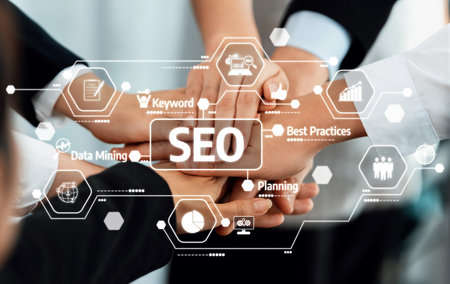 A dynamic representation of teamwork in digital marketing, showcasing hands united over SEO...
