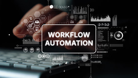Hands Typing on Keyboard with Workflow Automation Concept and Digital Graphics in Background....