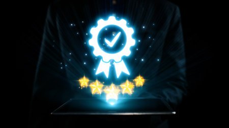 A luminous digital symbol of achievement with a checkmark and stars is displayed on a tablet, held by a person in a suit, emphasizing excellence and quality in the business realm.の写真素材