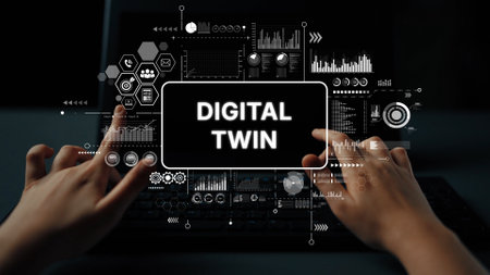 Futuristic concept of digital twin technology with hands interacting with data visualizations on a screen. Asymptotic smart data analytic.の写真素材