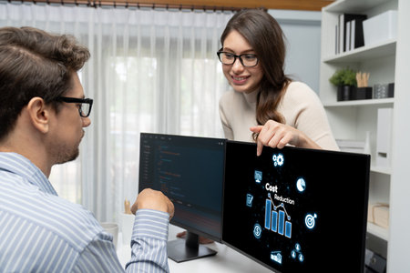 Cost reduction, cost saving concept shown on computer screen brisk, corporate business efficiently...