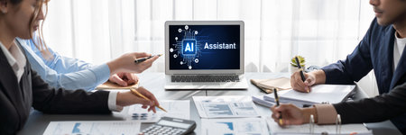 Business intelligence and data analysis concept. Analyst team working on financial data analysis dashboard on laptop screen as marketing indication for effective business strategic planning. Insightの写真素材