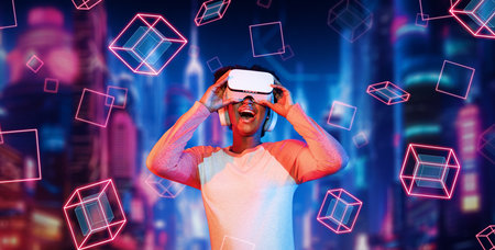 African girl wearing VR glasses and casual cloth while standing at futuristic city. Attractive gamer...