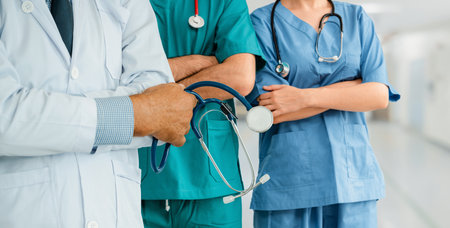 Healthcare people group. Professional doctor working in hospital office or clinic with other...