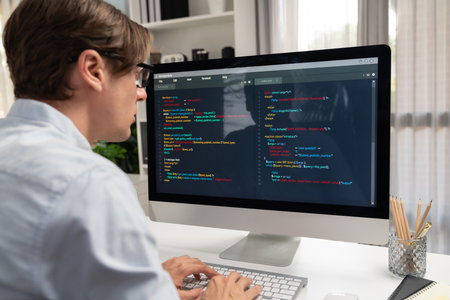 IT developer working online software development information on pc and laptop screen with typing to...