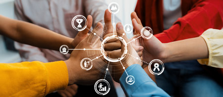 Startup company employee team stacking hand together symbolize successful group of business...