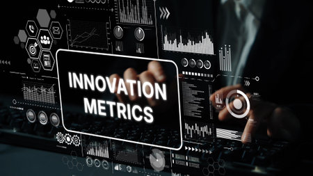Detailed Visualization of Innovation Metrics on a Digital Screen Representing Business Data Analysis and Trends. Asymptotic smart data analytic.の写真素材