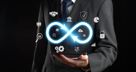 Business person embrace infinite possibilities and essence of infinity, inspiring to explore opportunities. Dive into a world where infinity and possibility meet, and discover potential FaaSの写真素材