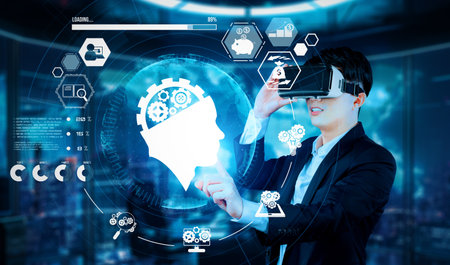 Smart project manager pointing at AI chat hologram and wearing headset at modern office....
