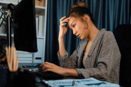 Businesswoman working on computer with stretching arm up and down manner with body health ache of strain overwork unfinished project job on website at late over night time at modern office.の写真素材