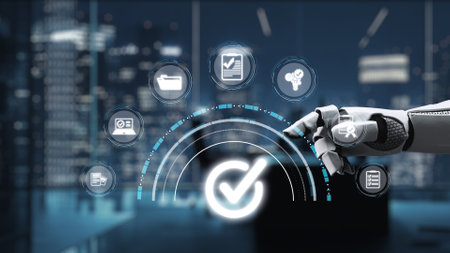 A futuristic robot hand interacts with digital interface icons in a sleek modern workspace,...