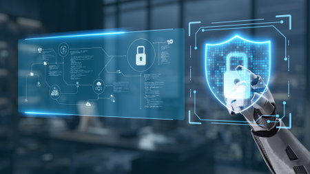 A futuristic robot hand interacts with a digital screen displaying cybersecurity data in a modern...