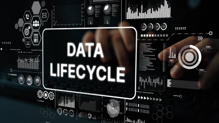 Data Lifecycle Concept Visualization with Hands Typing on Keyboard and Digital Interface in Dark Environment. Asymptotic smart data analytic.の写真素材